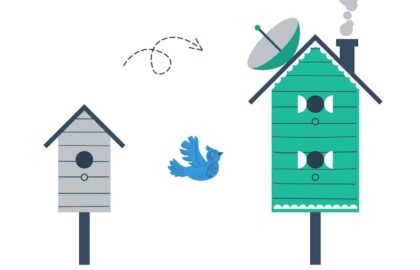 Vector image of a bird flying from a small bird house to a large one